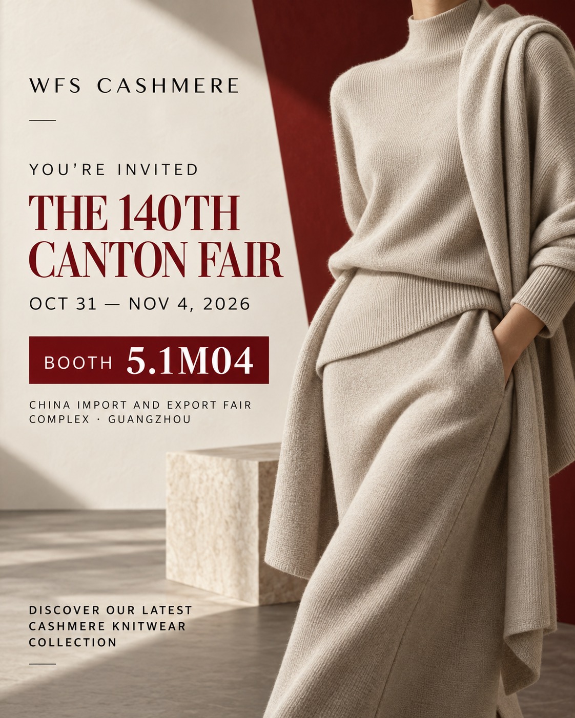2026 年第 140 届广交会与 WFS Cashmere 见面：16GG 和 18GG 细针距羊绒、精纺羊毛和丝绒混纺针织品 OEM