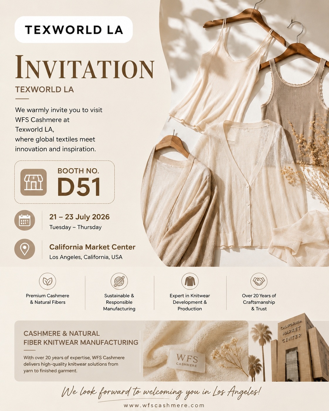 2026 年洛杉矶 Texworld 上的 WFS Cashmere — 西海岸，世界级针织品